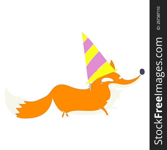 cute flat color style cartoon sly fox in party hat