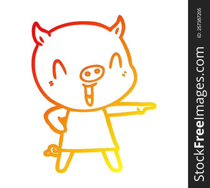 warm gradient line drawing of a happy cartoon pig in dress