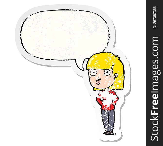Cartoon Woman Staring And Speech Bubble Distressed Sticker