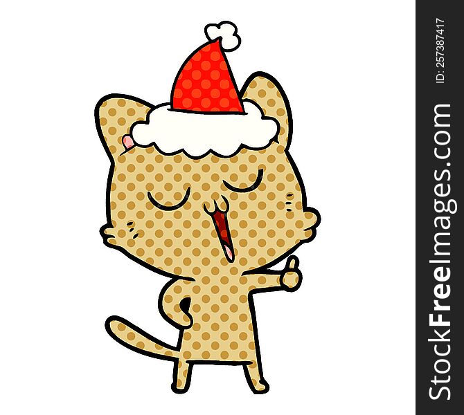 Comic Book Style Illustration Of A Cat Singing Wearing Santa Hat