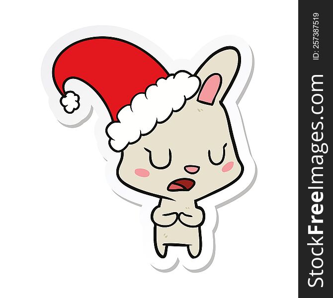 Sticker Of A Cartoon Rabbit Wearing Christmas Hat