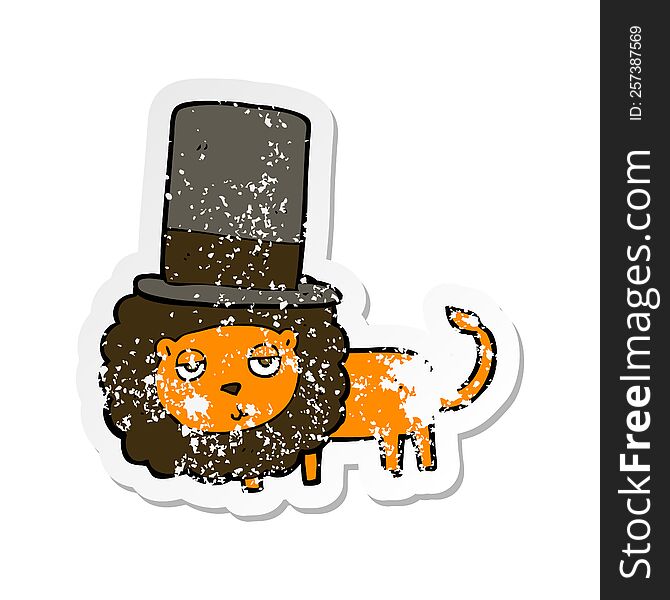 Retro Distressed Sticker Of A Cartoon Lion In Top Hat