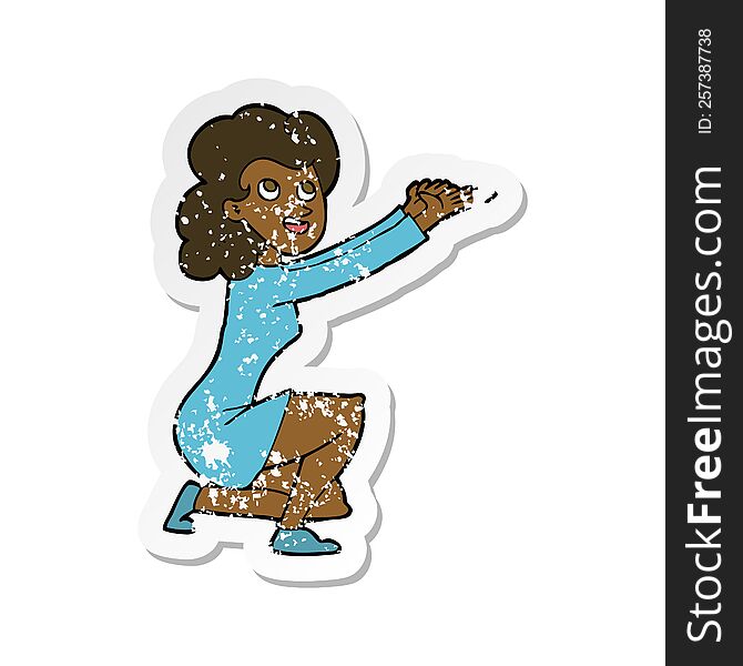 Retro Distressed Sticker Of A Cartoon Woman Presentation Gesture