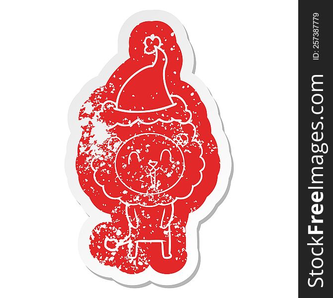 Laughing Lion Cartoon Distressed Sticker Of A Wearing Santa Hat