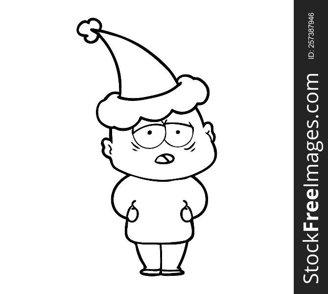 hand drawn line drawing of a tired bald man wearing santa hat