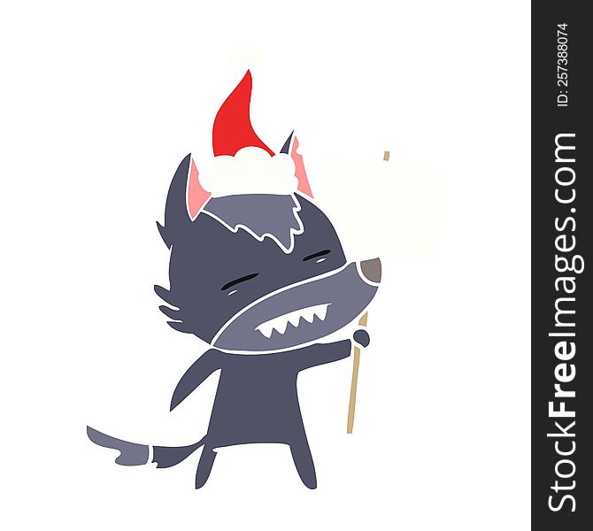 hand drawn flat color illustration of a wolf with sign post showing teeth wearing santa hat