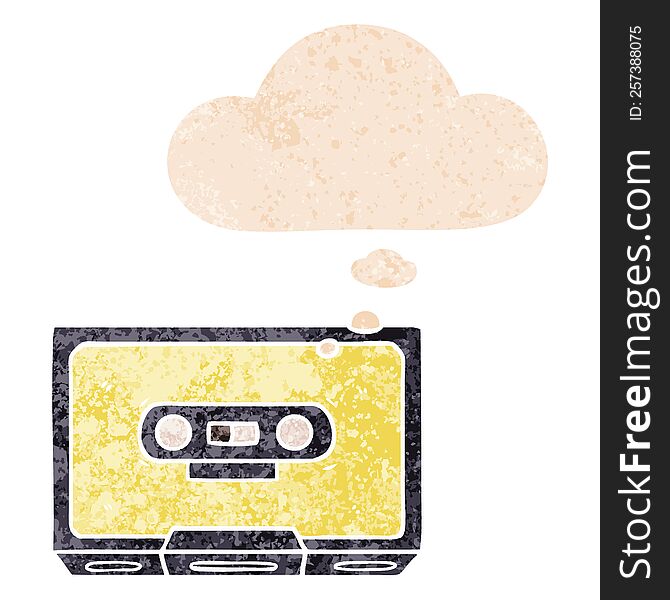 Cartoon Old Cassette Tape And Thought Bubble In Retro Textured Style