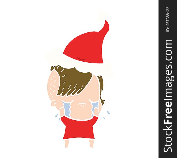 hand drawn flat color illustration of a crying girl wearing santa hat