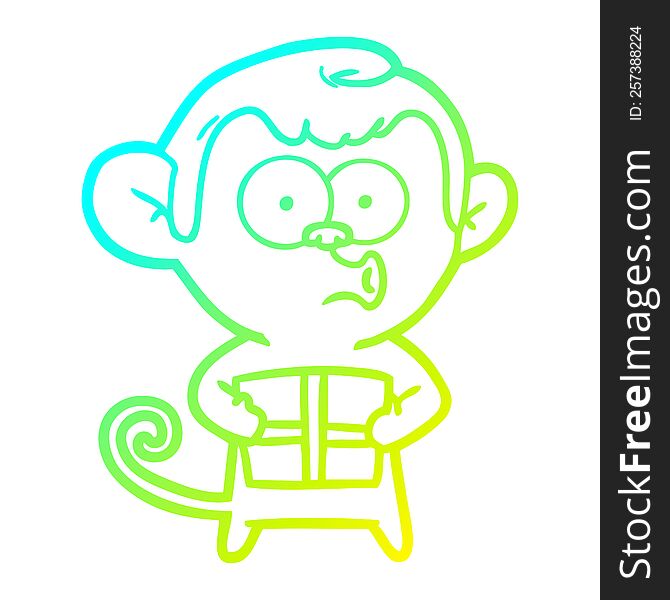 cold gradient line drawing of a cartoon christmas monkey