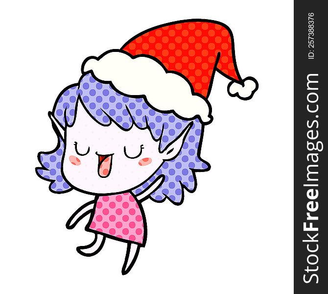 hand drawn comic book style illustration of a elf girl wearing santa hat