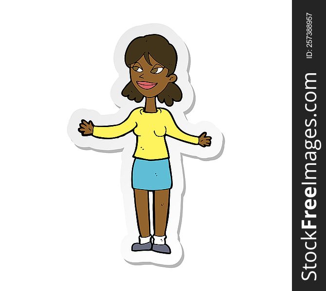 Sticker Of A Cartoon Happy Woman Shrugging Shoulders