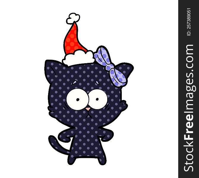 hand drawn comic book style illustration of a cat wearing santa hat