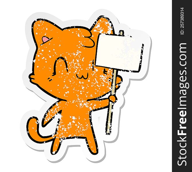 distressed sticker of a cartoon happy cat with blank sign