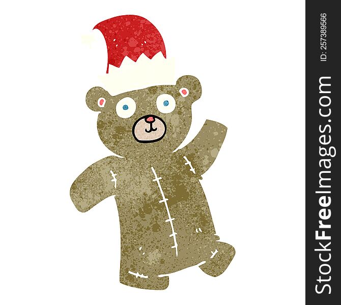 Retro Cartoon Teddy Bear Wearing Christmas Hat