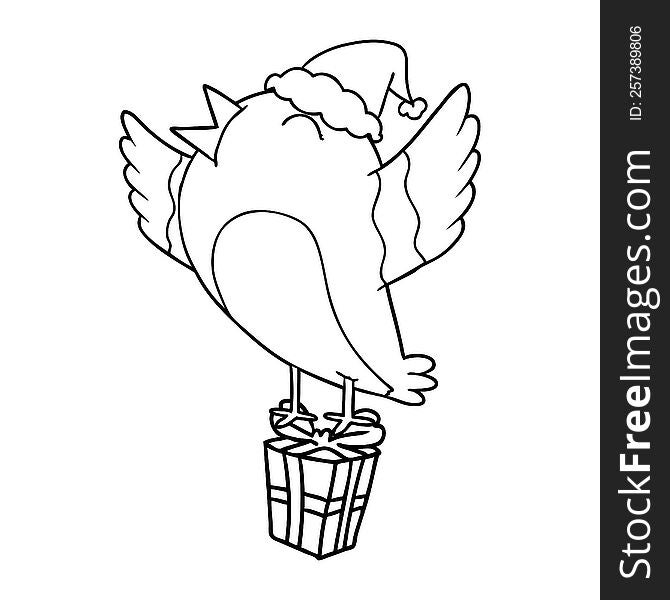 hand drawn line drawing of a bird wearing santa hat