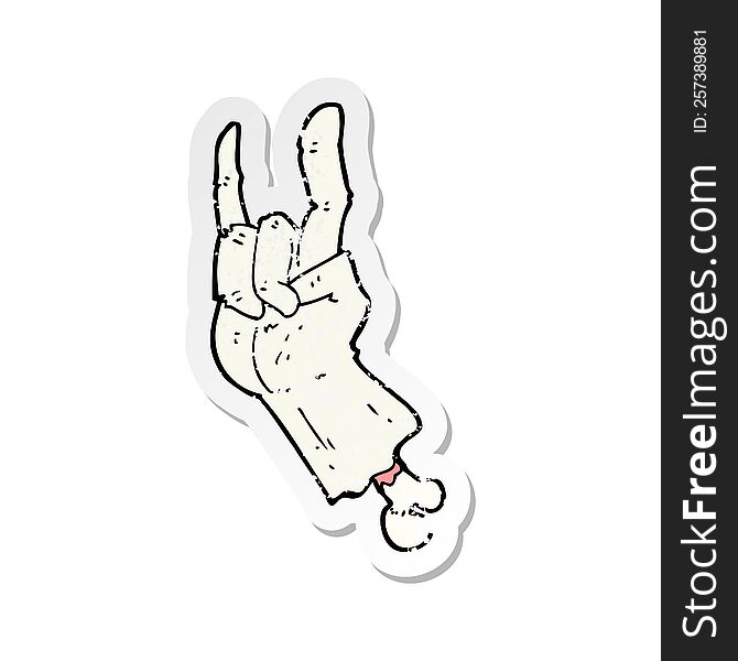 retro distressed sticker of a cartoon zombie hand making rock symbol