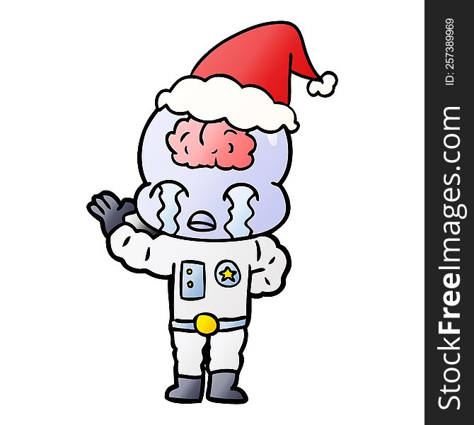 Gradient Cartoon Of A Big Brain Alien Crying Wearing Santa Hat