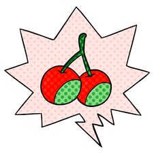 Cartoon Cherries And Speech Bubble In Comic Book Style Stock Photo