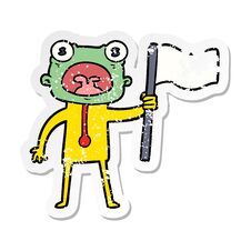 Distressed Sticker Of A Cartoon Weird Alien With Flag Royalty Free Stock Photos Distressed Sticker Of A Cartoon Weird Alien With Flag Royalty Free Stock Photos