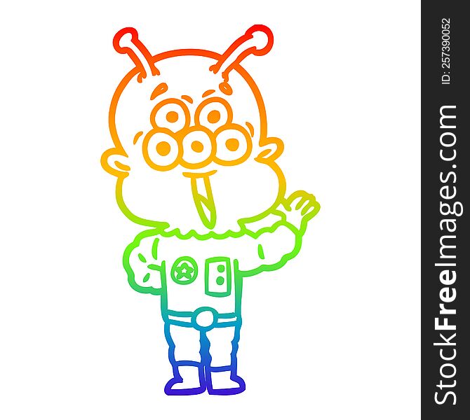 rainbow gradient line drawing of a happy cartoon alien waving