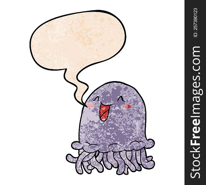 happy cartoon jellyfish with speech bubble in retro texture style