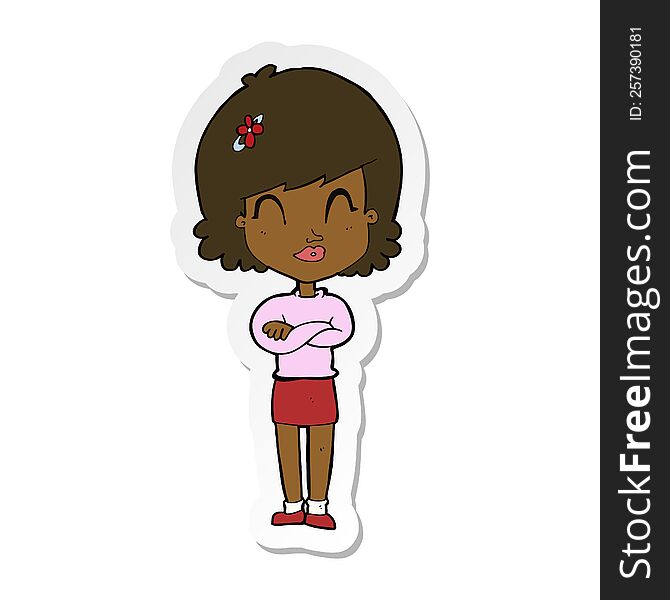 sticker of a cartoon happy woman with folded arms