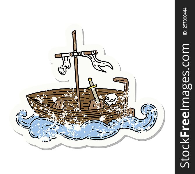 worn old sticker of a tattoo style empty boat with skull. worn old sticker of a tattoo style empty boat with skull