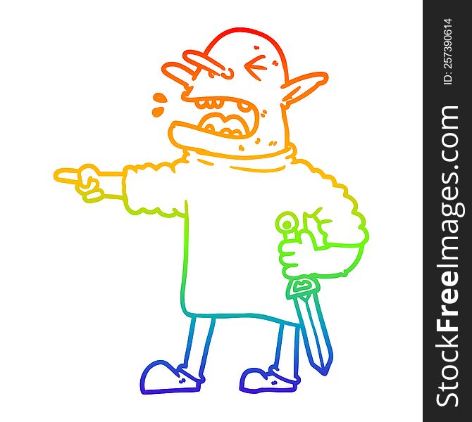 rainbow gradient line drawing of a cartoon goblin with knife