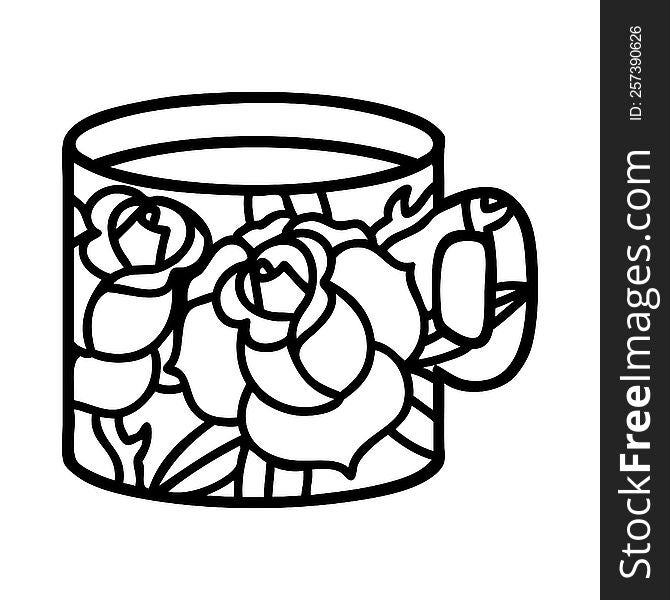 Black Line Tattoo Of A Cup And Flowers