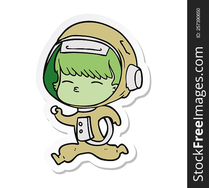 sticker of a cartoon curious running astronaut