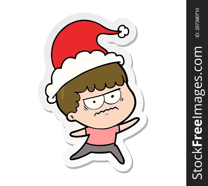 Sticker Cartoon Of A Annoyed Man Wearing Santa Hat