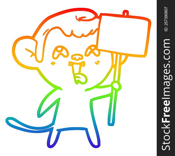 Rainbow Gradient Line Drawing Crazy Cartoon Monkey With Sign