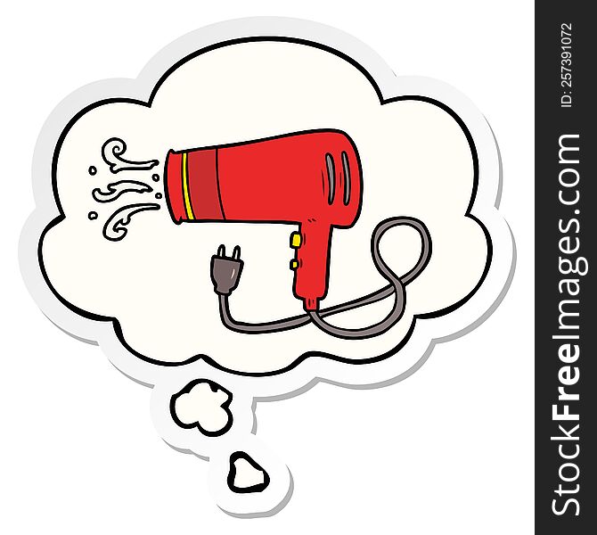 cartoon electric hairdryer and thought bubble as a printed sticker