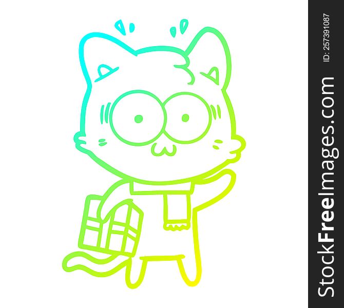 cold gradient line drawing of a cartoon surprised cat with christmas present