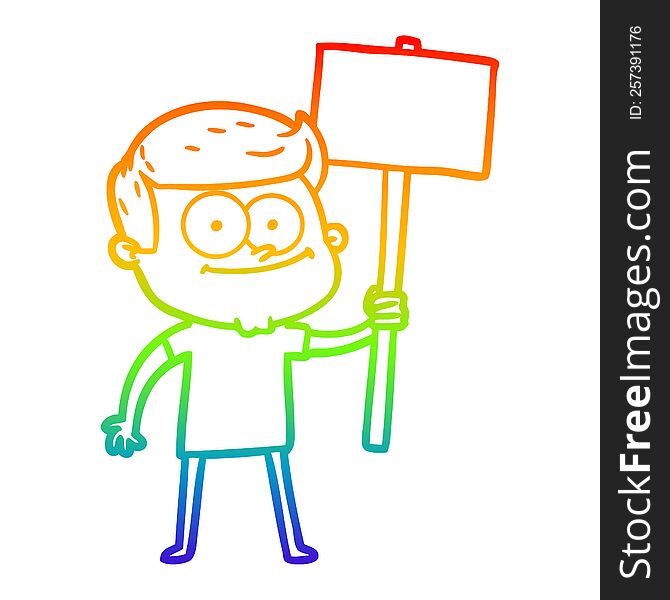 rainbow gradient line drawing of a cartoon happy man with placard