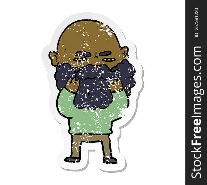 Distressed Sticker Of A Cartoon Man With Beard Frowning Checking His Beard