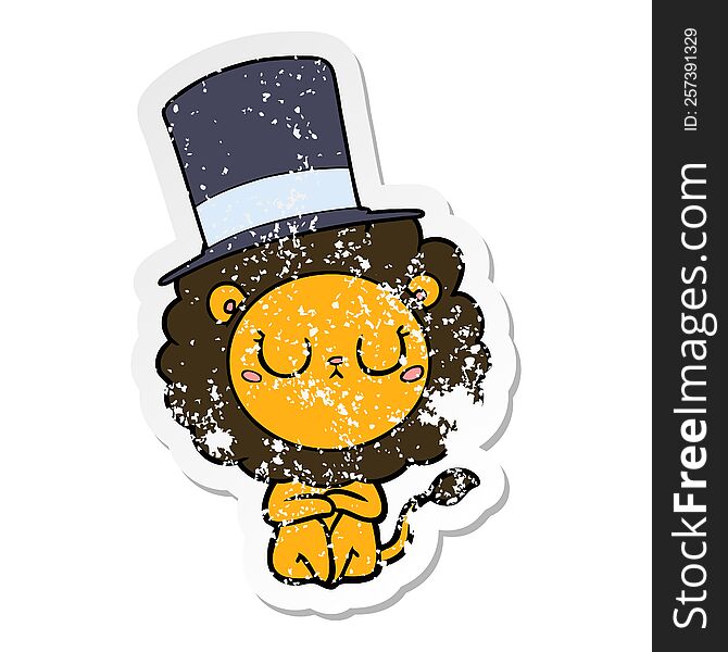 distressed sticker of a cartoon lion wearing top hat