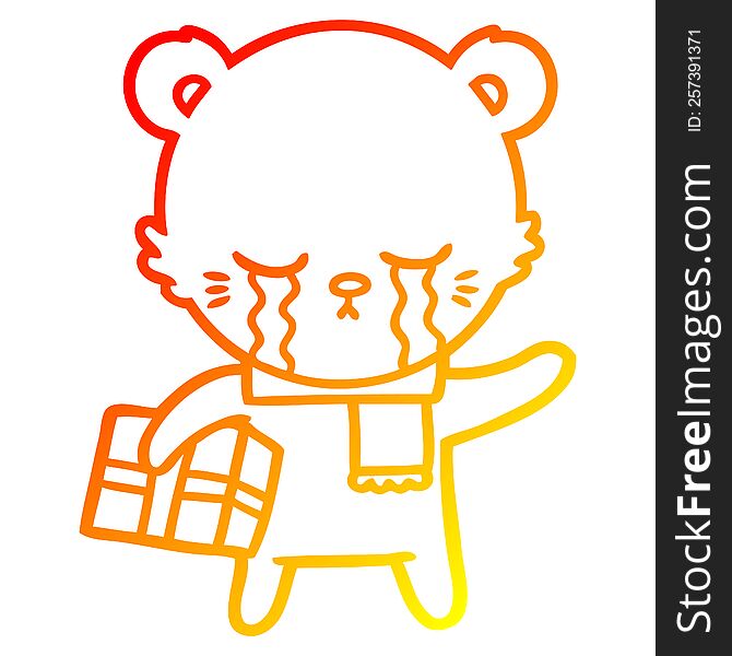 warm gradient line drawing of a crying cartoon bear with present