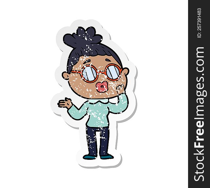 distressed sticker of a cartoon woman wearing spectacles
