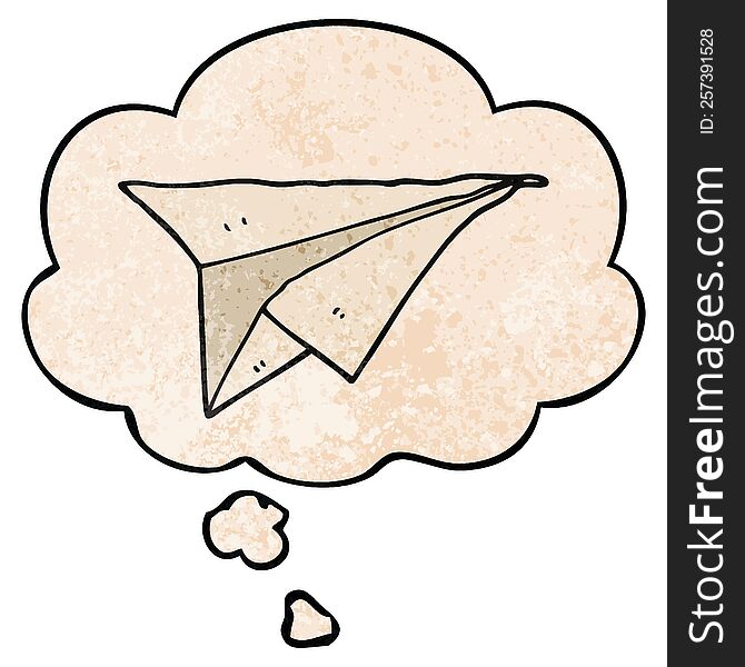 cartoon paper airplane and thought bubble in grunge texture pattern style