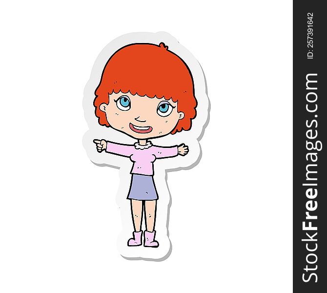 Sticker Of A Cartoon Happy Woman Pointing