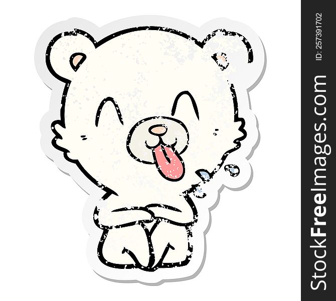 distressed sticker of a rude cartoon polar bear sticking out tongue
