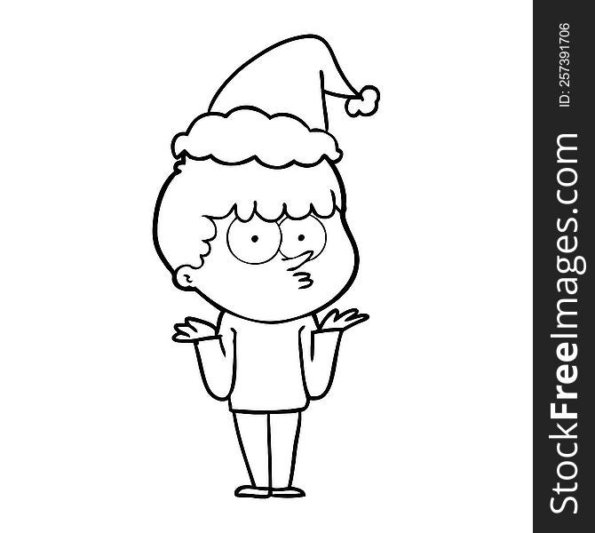 hand drawn line drawing of a curious boy shrugging shoulders wearing santa hat