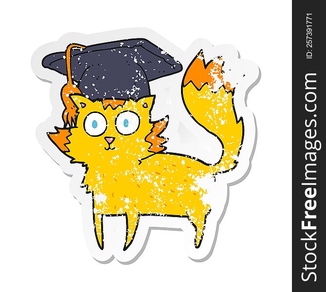 Retro Distressed Sticker Of A Cartoon Cat Graduate