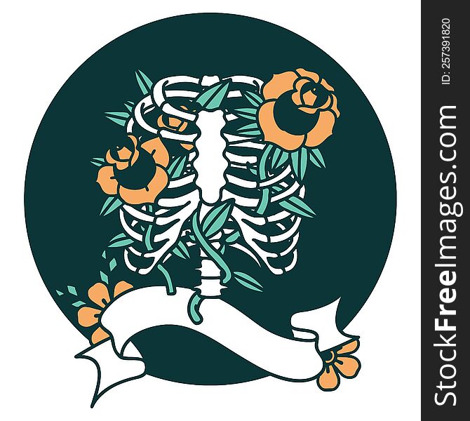 tattoo style icon with banner of a rib cage and flowers
