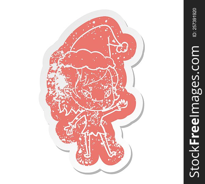 quirky cartoon distressed sticker of a friendly vampire girl wearing santa hat