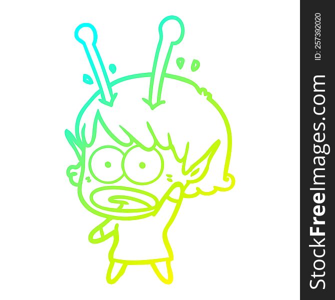 cold gradient line drawing of a cartoon shocked alien girl