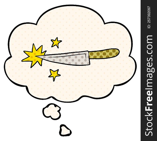 cartoon sharp kitchen knife and thought bubble in comic book style