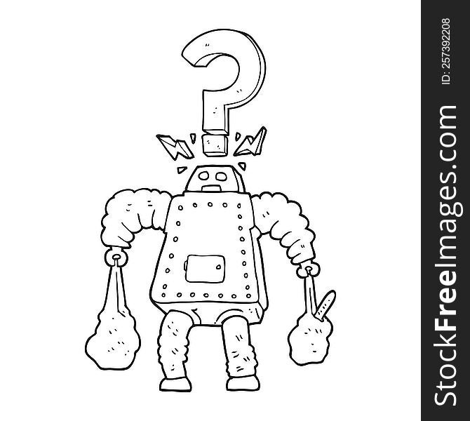 freehand drawn black and white cartoon confused robot carrying shopping