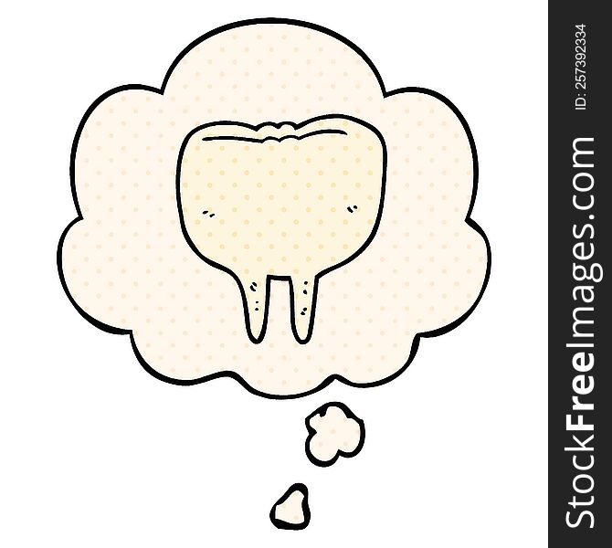 cartoon tooth with thought bubble in comic book style